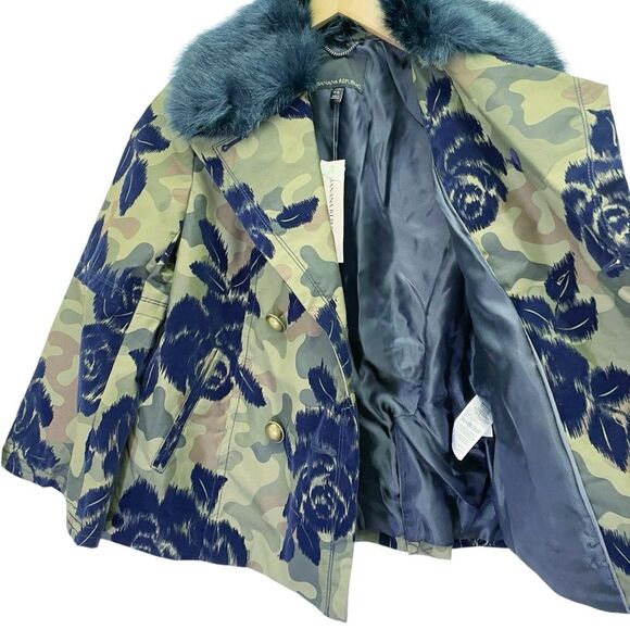 NWT Banana Republic Peacoat Jacket Olive Camo Navy Faux Fur Collar Size XSP New - Picture 5 of 16